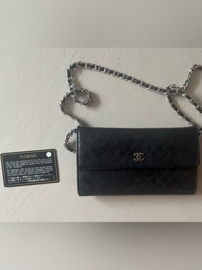 CHANEL Black Quilted Leather Crossbody with Gold Chain